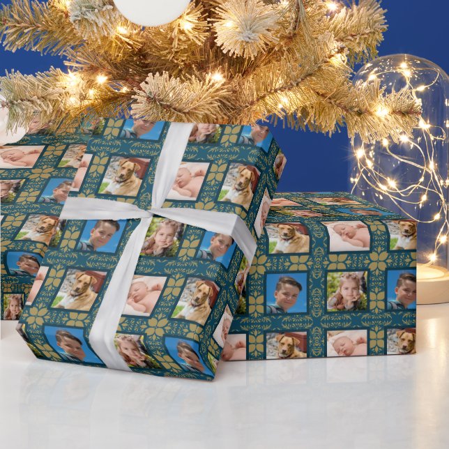 Blue and Gold Photo Holiday Wrapping Paper (Holidays)
