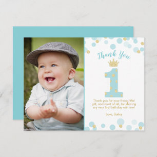 Blue and Gold Prince 1st Birthday Thank You Card