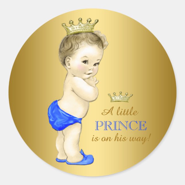 Blue and Gold Prince Baby Shower Classic Round Sticker (Front)