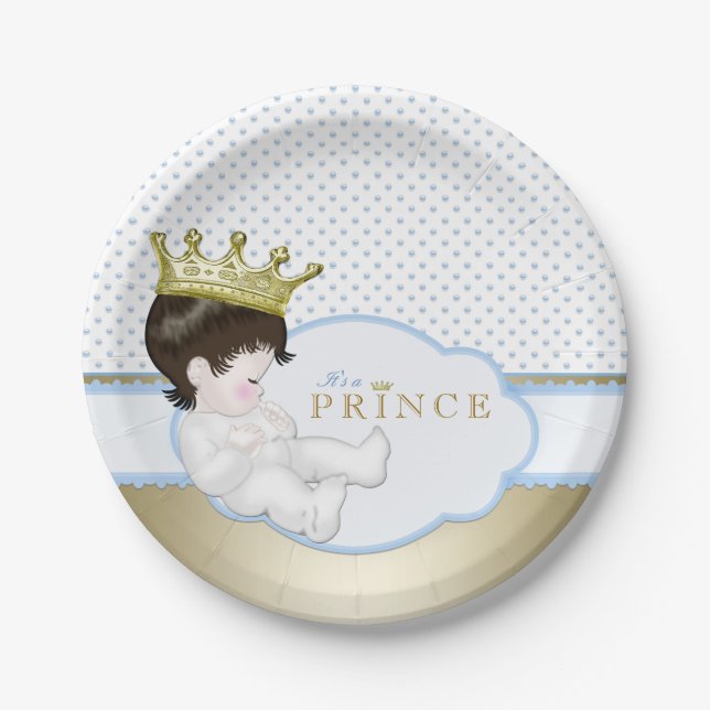 Blue and Gold Prince Baby Shower Paper Plates (Front)