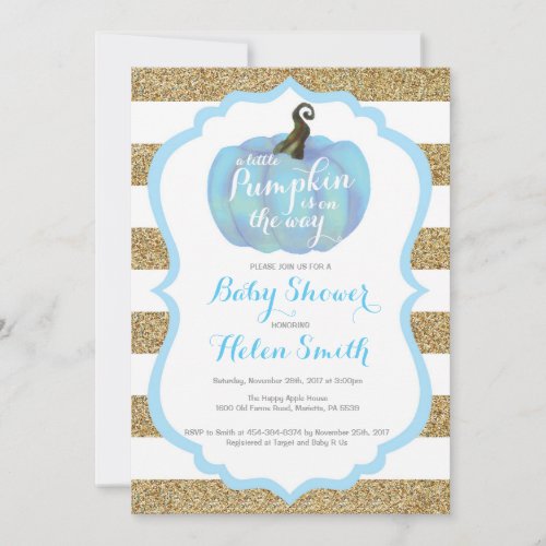 Blue and Gold Pumpkin Boy Baby Shower Invitation