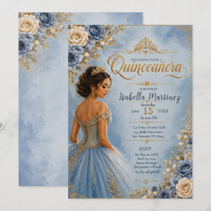Blue and Gold Quinceañera Invitation