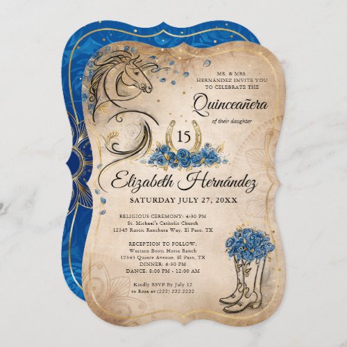 Blue and Gold Quinceanera Rustic Horse Birthday Invitation