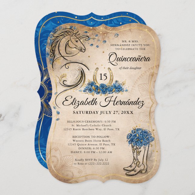Blue and Gold Quinceanera Rustic Horse Birthday Invitation (Front/Back)