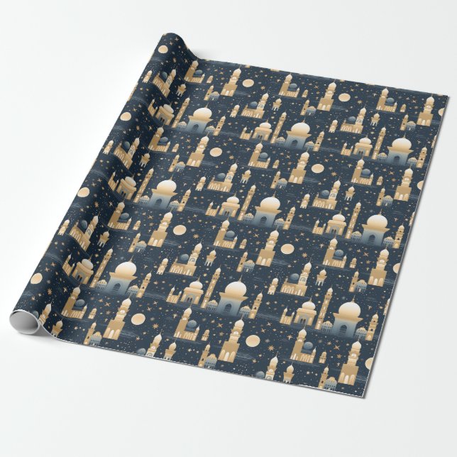 Blue and gold Ramadan and Eid Wrapping Paper (Unrolled)