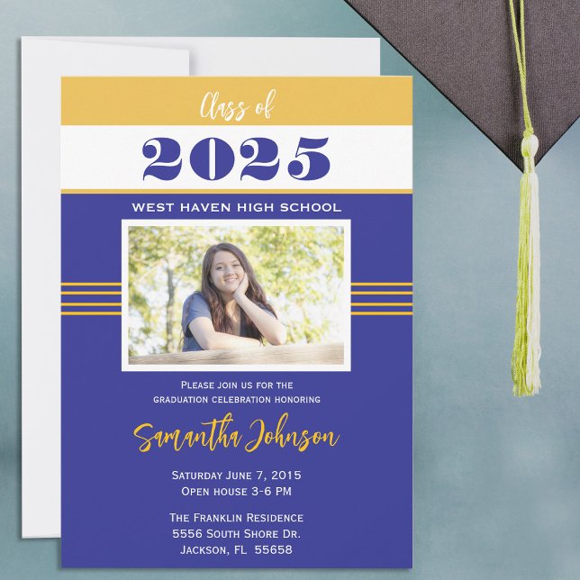 Blue and Gold Retro Graduation Announcement Invite (Customize your color  and photo graduation invitation and announcement class of 2025)