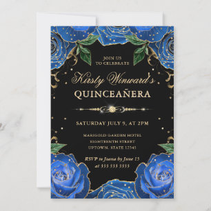 Blue and Gold Roses Floral Quinceanera Invitation