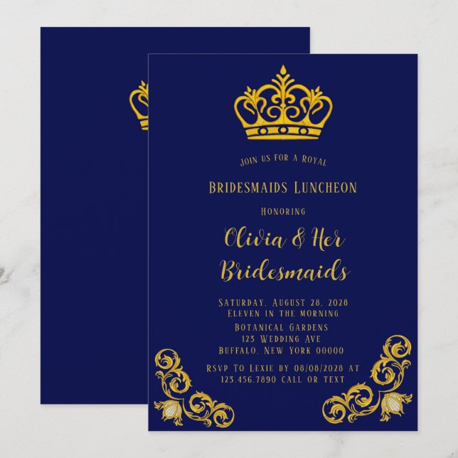 Blue and Gold Royal Bridesmaids Luncheon Invitation (Front/Back)