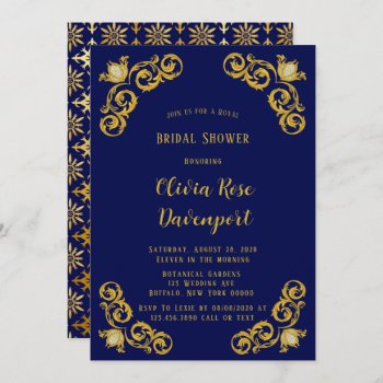 Blue And Gold Royal Crown Damask Bridal Shower Invitation by Wedding_Charme at Zazzle