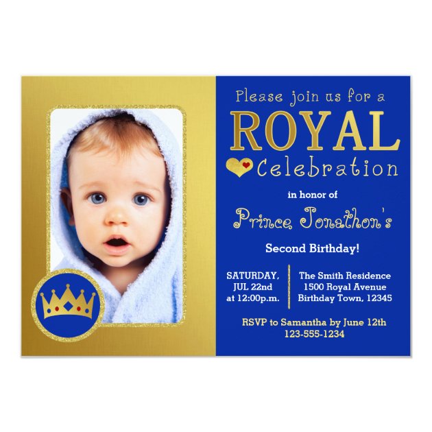 Blue And Gold Royal Prince Birthday Party Photo Card