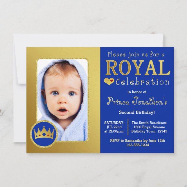 Blue and Gold Royal Prince Birthday Party Photo Invitation (Front)