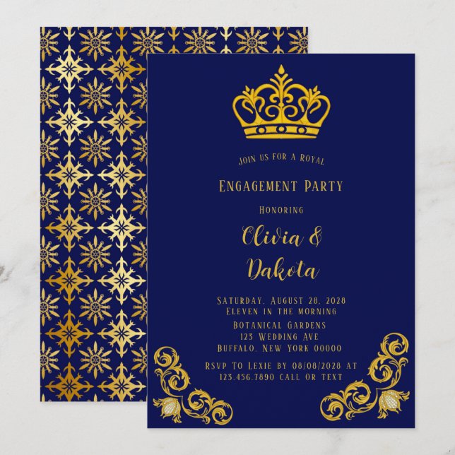 Blue and Gold Royal Wedding Engagement Party Invit Invitation (Front/Back)