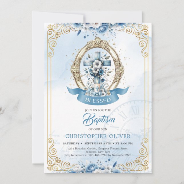 Blue and gold rustic wooden cross boy Baptism Invitation (Front)