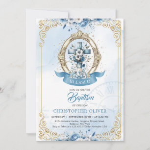Blue and gold rustic wooden cross boy Baptism Invitation