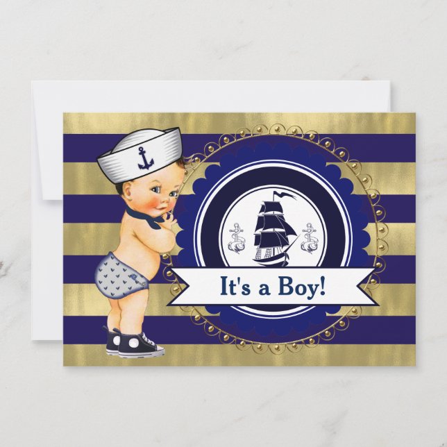 Blue and Gold Sailor Nautical Baby Shower Invitation (Front)