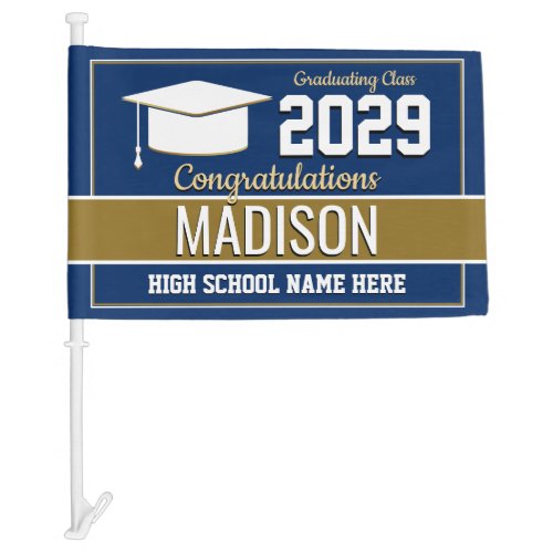 Blue and Gold School Colors Graduation Parade Car Flag