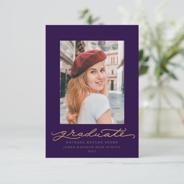 Blue and Gold Script Graduation Announcement (Standing Front)