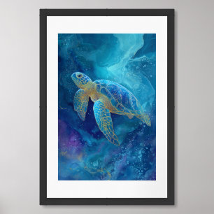 Blue and Gold Sea Turtle in Cosmic Ocean Painting Framed Art