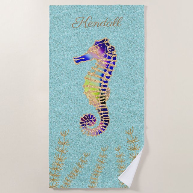 Blue and Gold Seahorse Customized Beach Towel (Front)