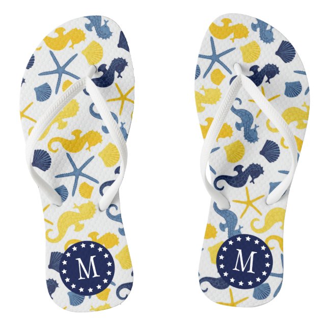 Blue and Gold Seahorse Pattern Monogram Flip Flops (Footbed)