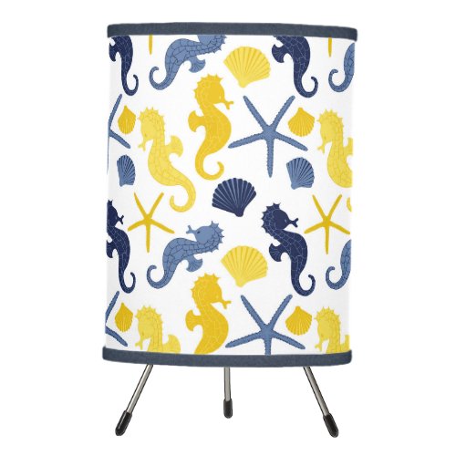 Blue and Gold Seahorse Pattern on White Tripod Lamp