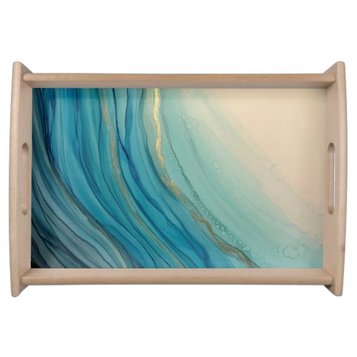 Blue and gold serving tray Oceans with waves     