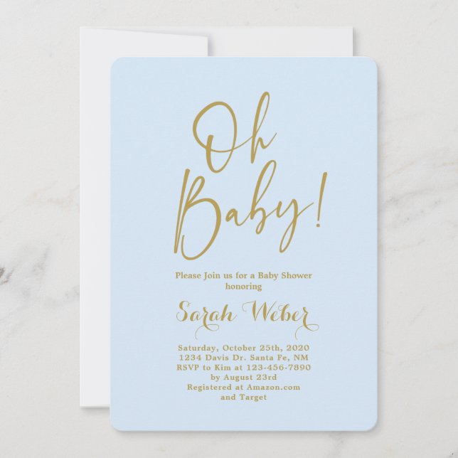 Blue and gold simple elegant baby shower boy invitation (Front)