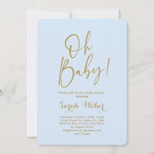 Blue and gold simple elegant baby shower boy invitation