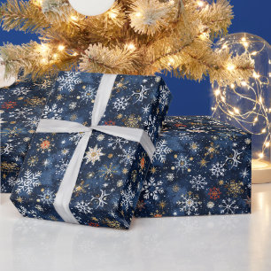 Blue And Gold Snowflake Pattern With Stars Wrapping Paper