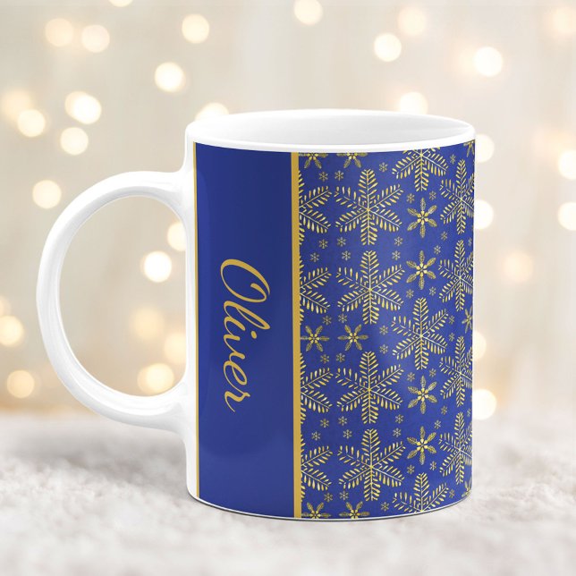 Blue and Gold Snowflakes Christmas Mug with Name (Creator Uploaded)
