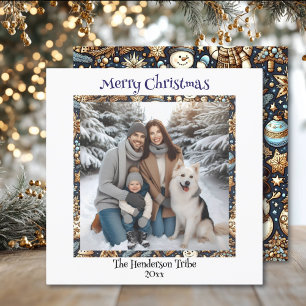 Blue and Gold Snowmen Family Photo Christmas Holiday Card