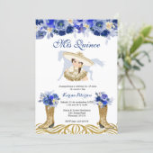 Blue and Gold Spanish Boot Charra Quinceanera Invitation (Standing Front)