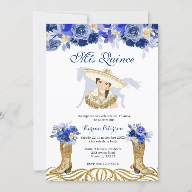 Blue and Gold Spanish Boot Charra Quinceanera Invitation (Front)