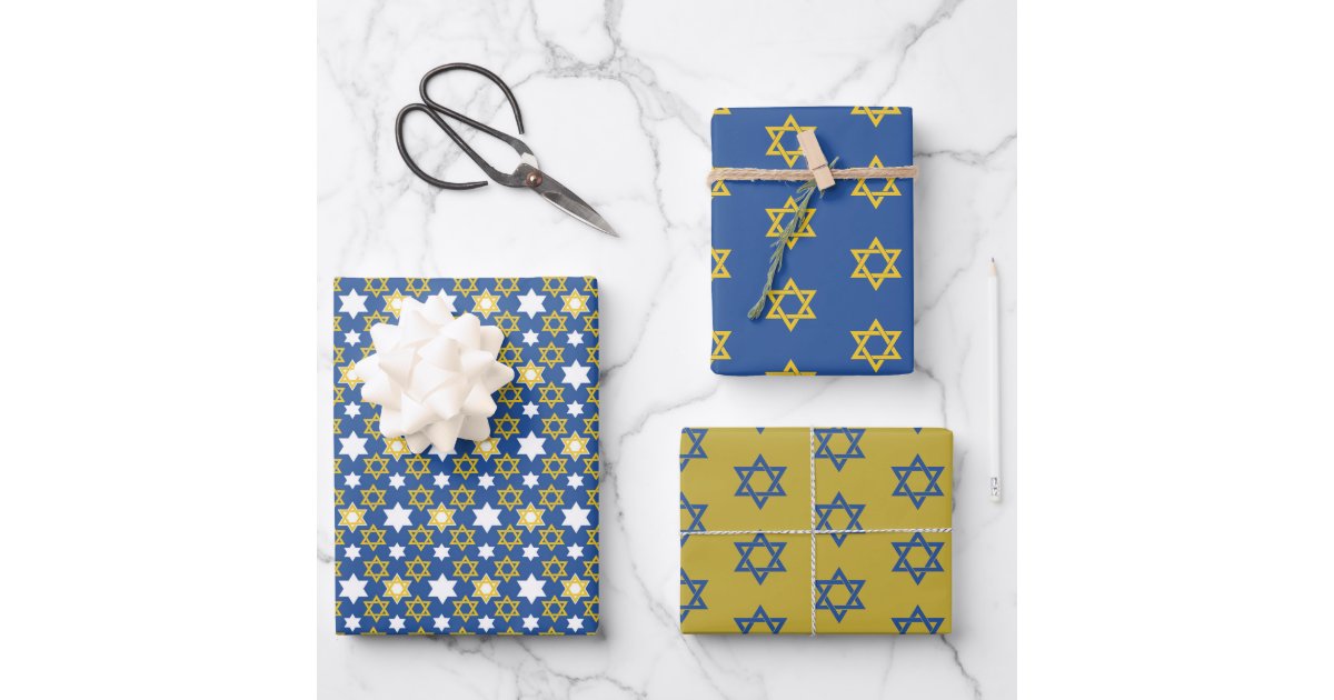 Blue and Gold Star of David Wrapping Paper Sheets | Zazzle