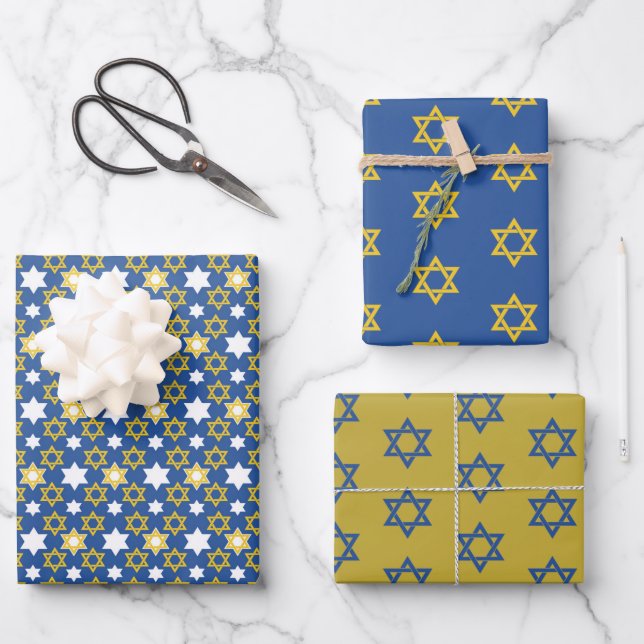 Blue and Gold Star of David Wrapping Paper Sheets (Front)