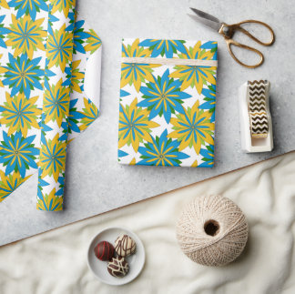 Blue and Gold Starburst Flowers  Wrapping Paper