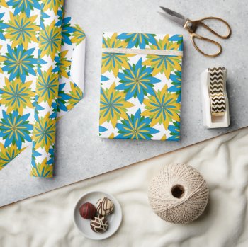 Blue And Gold Starburst Flowers  Wrapping Paper by gravityx9 at Zazzle