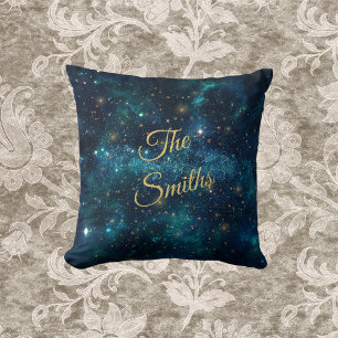Blue and Gold Starry Galaxy with Monogrammed Name Throw Pillow