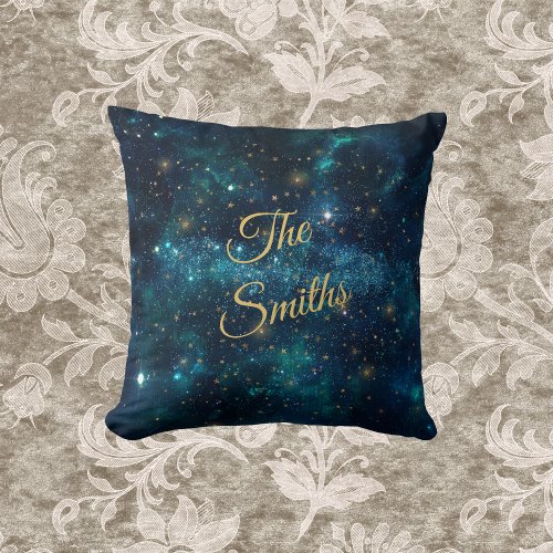 Blue and Gold Starry Galaxy with Monogrammed Name  Throw Pillow