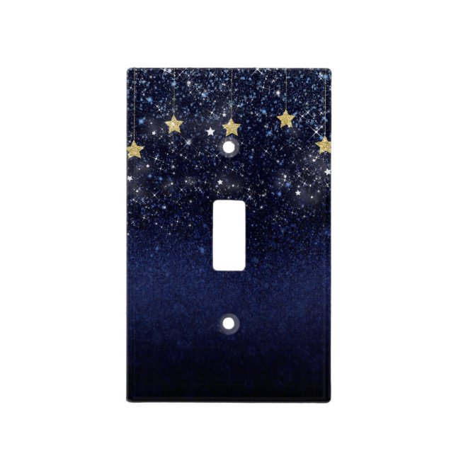Blue and Gold Starry Night Glitter Sparkle Stars Light Switch Cover (Front)