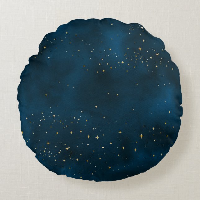 Blue and Gold Starry Night  Round Pillow (Front)