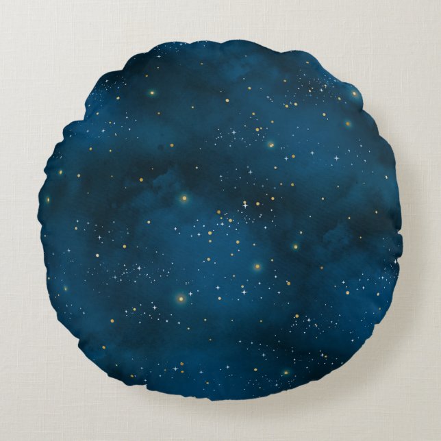 Blue and Gold Starry Night  Round Pillow (Front)