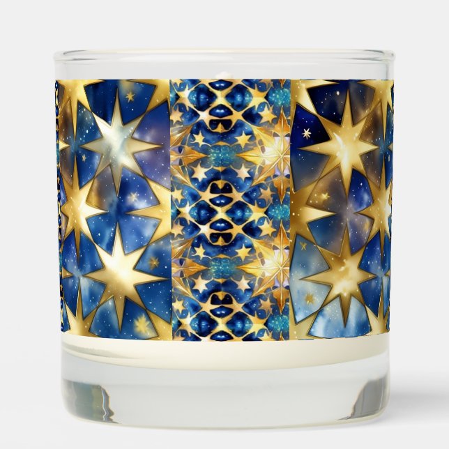 blue and gold stars candle in glass  (Front)