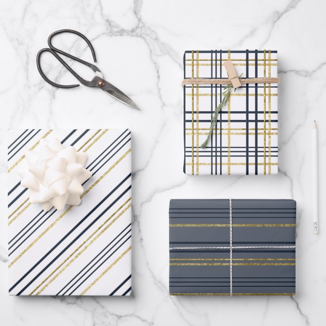 Blue and Gold Stripes and Plaids  Wrapping Paper Sheets (Front)