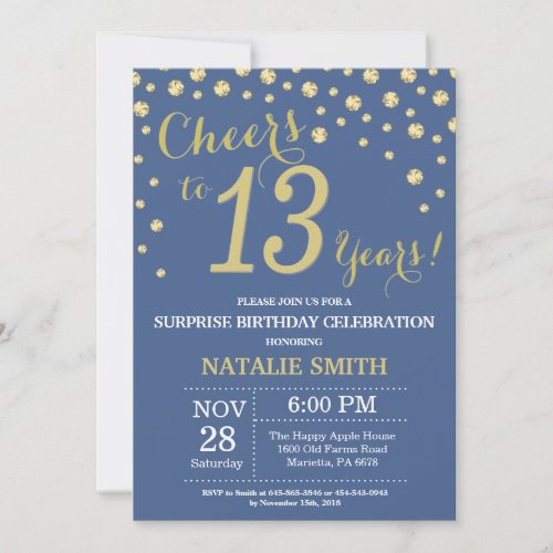 Blue and Gold Surprise 13th Birthday Diamond Invitation