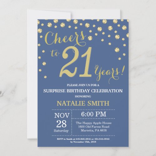 Blue and Gold Surprise 21st Birthday Diamond Invitation