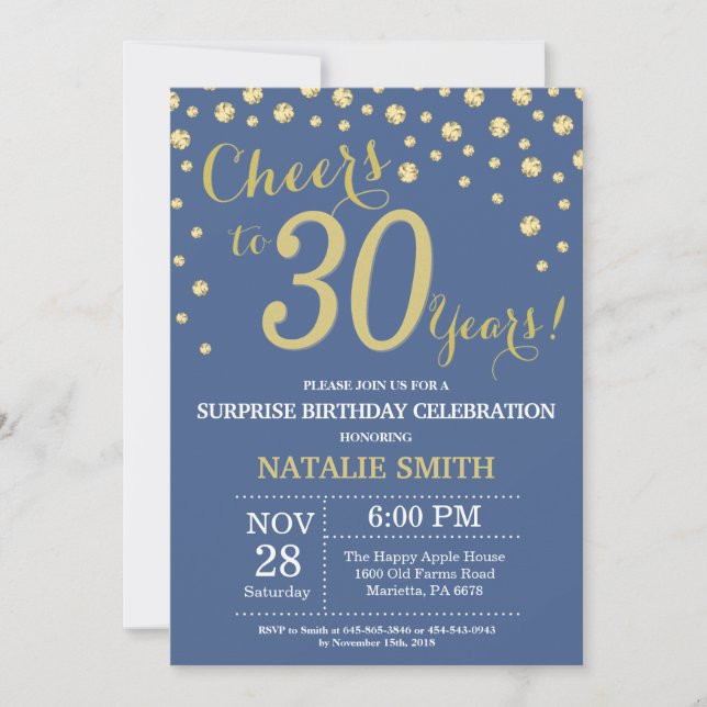 Blue and Gold Surprise 30th Birthday Diamond Invitation (Front)