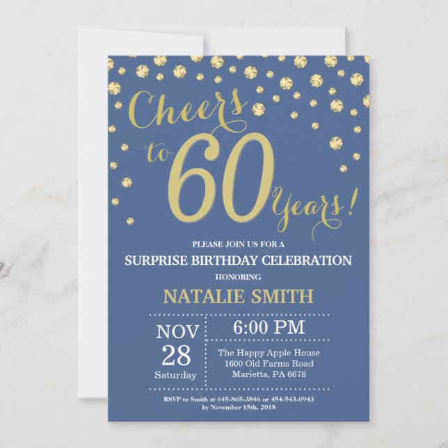 Blue and Gold Surprise 60th Birthday Diamond Invitation (Front)