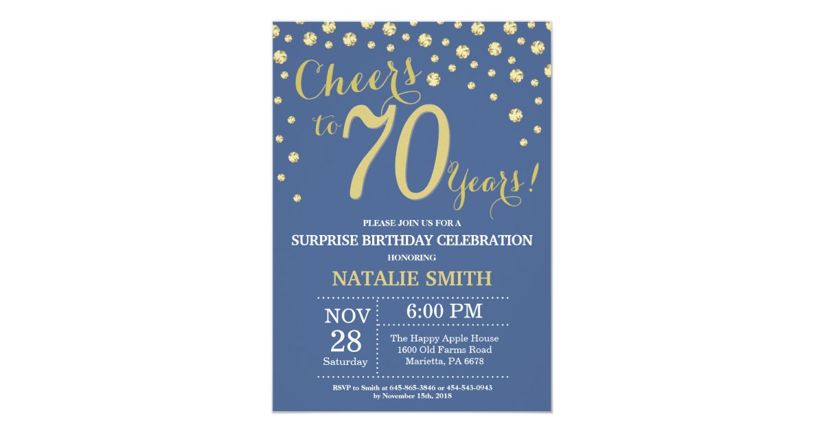 Blue and Gold Surprise 70th Birthday Diamond Invitation | Zazzle.com