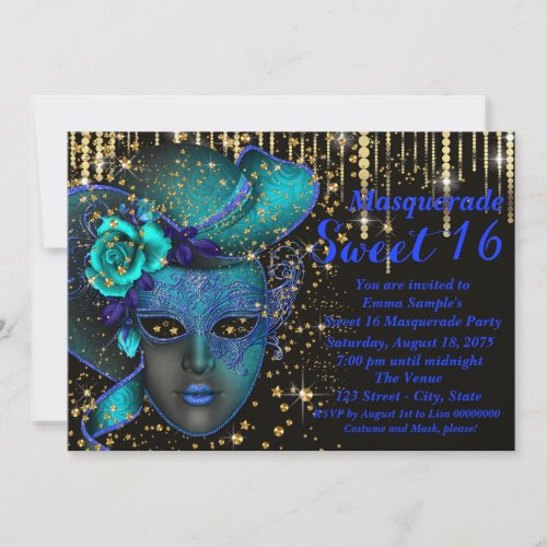 Blue and Gold Sweet 16 Masquerade Party Invitation